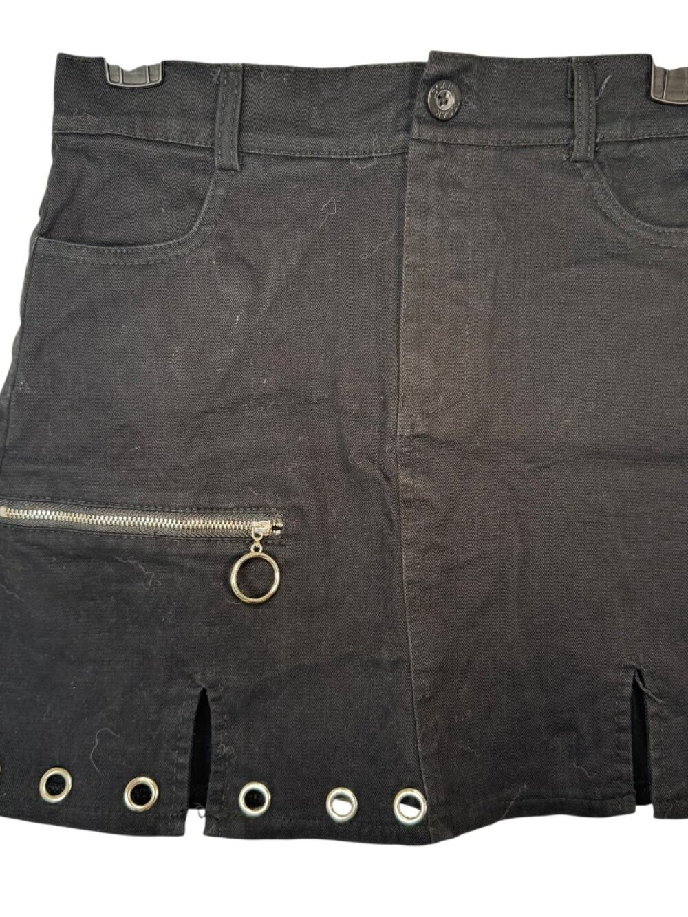 Black Denim Mini Skirt w/ Zipper Grommets Goth Punk Emo Metal Alternative Grunge
